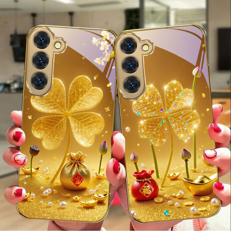 Samsung Galaxy S25 - غطاء هاتف زجاجي ذهبي ضخم بتصميم